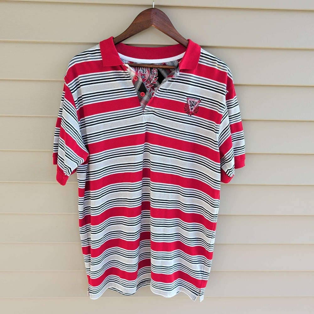 Raider Jean Co Polo Shirt Mens Large Red White Black Striped Short Sleeve Y2K